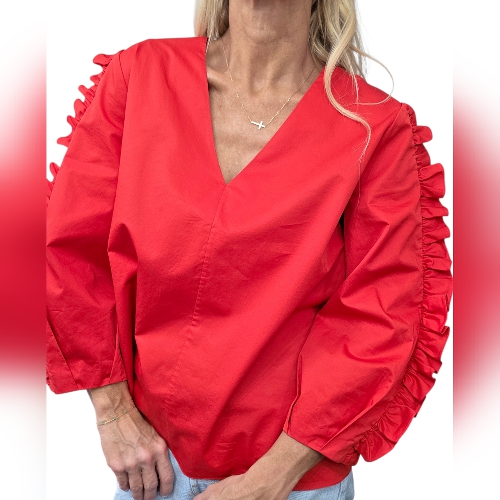 Tibi Red Ruffle Sleeve Cotton Blouse Size 4 Statement Designer Top
